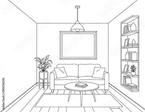 Simple black and white outline drawing depicting a cozy living room interior with modern furnishings including a comfortable sofa a round coffee table and tall shelving unit awaiting colorization