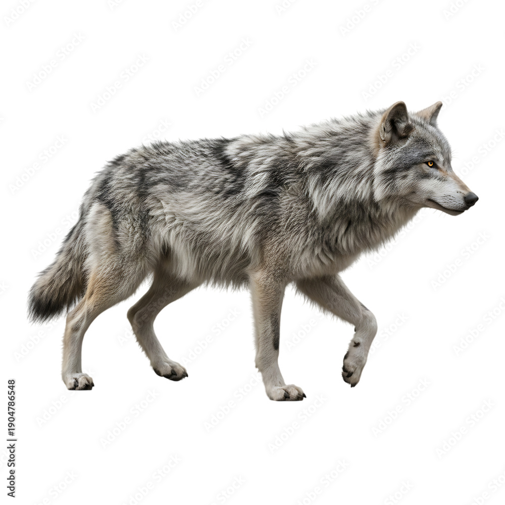 Fototapeta premium Grey Wolf (Walking) over an isolated transparent background