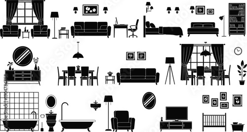 Black Silhouette Vector Illustration Set of Furniture and Home Decor Elements for Interior Design Living Room Bedroom Bathroom and House Architecture Projects