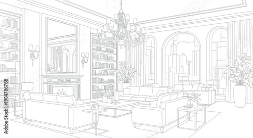 Luxurious drawing room interior outline featuring comfortable seating areas a large fireplace built in bookshelves and grand arched windows overlooking a distant cityscape outline.