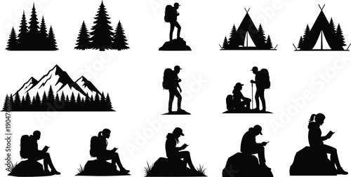 Black Silhouette Vector Illustration Set of Hikers Campers Mountains and Pine Forest for Outdoor Adventure Camping Scouting and Nature Exploration Design Projects