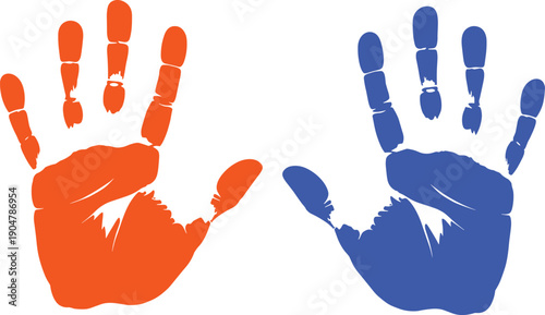 Colorful handprint silhouettes set, orange and blue painted palms, human touch symbol, creativity concept, isolated flat vector illustration design