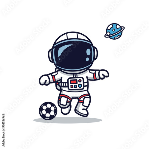 Cartoon astronaut playing soccer with a planet nearby in a graphic illustration with a white background and vibrant colors.