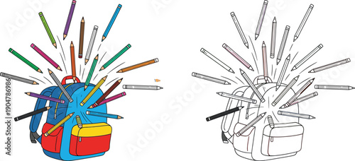 School Backpack with Exploding Colored Pencils Back to School and Creativity Concept