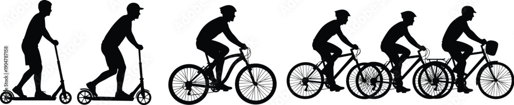 Fototapeta premium People riding scooter and bicycle silhouette sequence showing urban transportation evolution eco friendly commuting lifestyle illustration concept