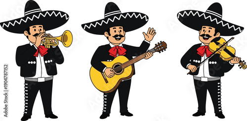 Mexican mariachi musicians cartoon characters playing trumpet guitar and violin traditional folk band illustration isolated on white background