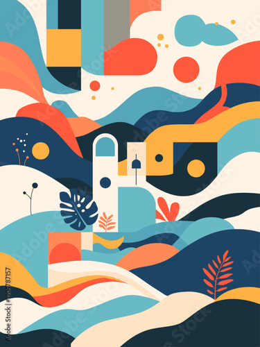 Abstract vibrant landscape with flowing organic shapes, bold colors and playful geometric elements forming a dynamic imaginative scenery ideal for contemporary interiors and expressive artistic wall d