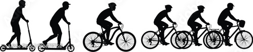 People riding scooter and bicycle silhouette sequence showing urban transportation evolution eco friendly commuting lifestyle illustration concept