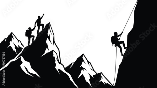 Mountain climbing silhouette of teamwork and leadership helping partners reach summit representing success challenge motivation adventure business concept illustration