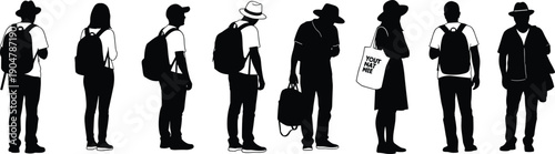 People standing in line silhouette with backpacks representing travel queue waiting commuters tourists lifestyle urban illustration concept