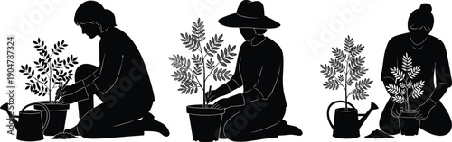 Silhouette illustration of gardeners planting and tending potted plants with watering cans, nature care, sustainability artwork design