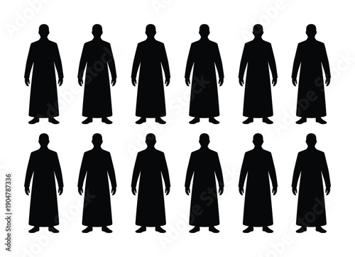 Vector silhouette of a group of individuals wearing long monk robes