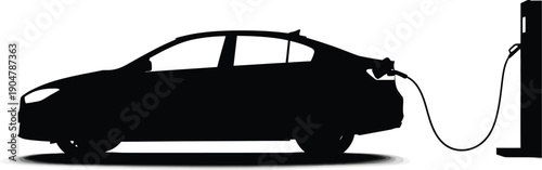 Electric sedan vehicle is plugged into a charging station symbolizing sustainable and modern energy transportation.