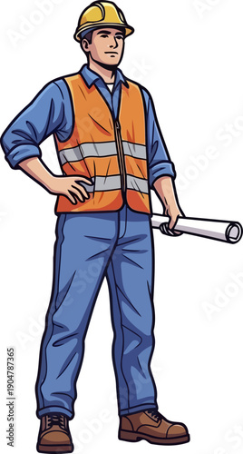 Construction site supervisor in hard hat with blueprints