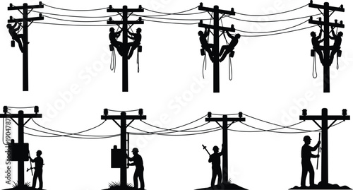 Silhouette of electrical line workers repairing power lines on utility poles, electricity maintenance and energy distribution safety concept