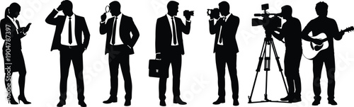 Silhouettes of media professionals including cameramen, photographers, and musicians alongside corporate business people and executives for diverse workforce and creative industry themes.