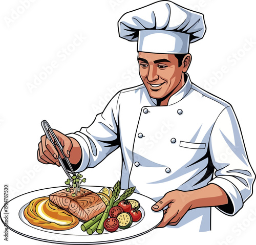 Executive chef carefully plating a grilled salmon fillet with fresh asparagus garnish