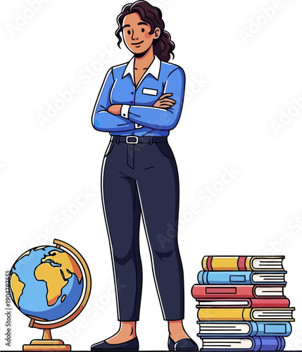 Female educator standing by a globe and a stack of books