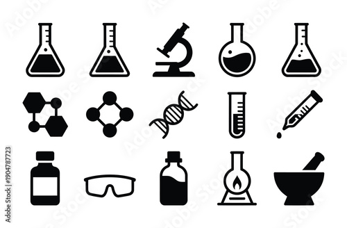 This vector image contains various icons representing lab equipment and scientific symbols