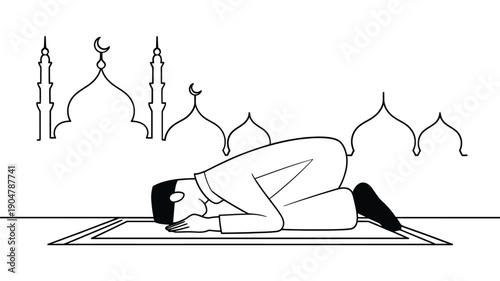 A man in prayer before a mosque simple black and white illustration