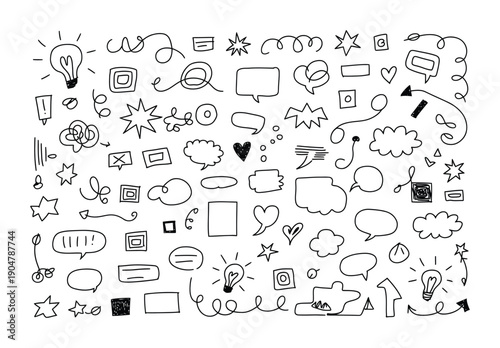 Vector illustration of various hand-drawn doodles and icons in black and white