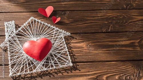 Heartwarming Home String Art with Red Heart on Wooden Background, cozy love decor concept
