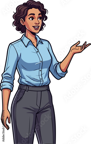 Friendly female professional in blue shirt gesturing sideways