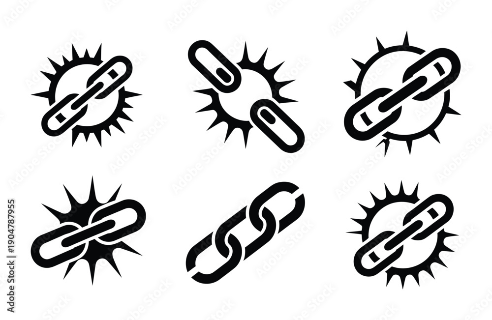 Obraz premium Vector icons of broken chains and explosions in a bold black-and-white design