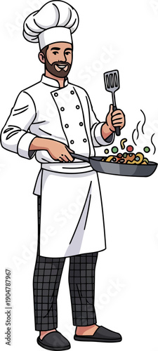 Skilled chef sauting vegetables in frying pan with flame