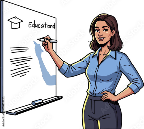 Woman educator writing on whiteboard during presentation about education