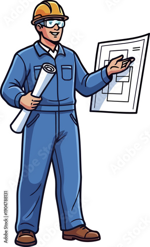 Architect in safety gear presenting technical plans and project blueprints