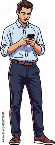 Youthful man in light blue shirt messaging on his smartphone