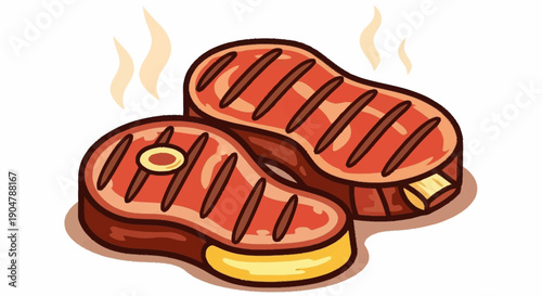 Two delicious grilled steaks with grill marks and steam.