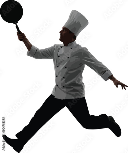 Energetic chef silhouette leaps through the air holding a frying pan high above his head during a dynamic cooking demonstration.