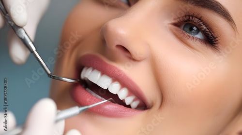 Close-up of a female patient receiving a dental examination by a specialist. Concept: Dental care, oral health, medical professionalism, preventive healthcare