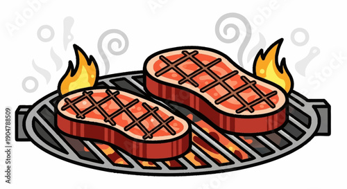 Two delicious steaks cooking on a barbecue grill with flames.