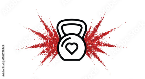 Dynamic fitness illustration of a kettlebell with a heart icon, surrounded by a vibrant red glitter explosion,