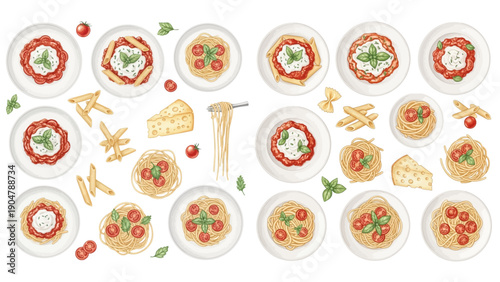 A collection of watercolor illustrations of  various pasta dishes, including spaghetti and penne with tomato sauce and cheese.
