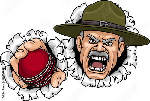 An angry drill instructor or sergeant bootcamp army soldier cartoon character holding cricket ball sports team mascot illustration.
