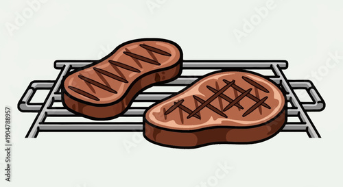 Two grilled steaks on a barbecue rack with grill marks.