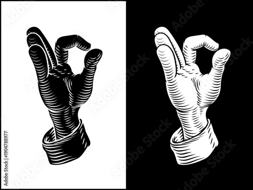 Vintage woodcut style illustration of a chef hand making the OK gesture chefs kiss perfect gesture.