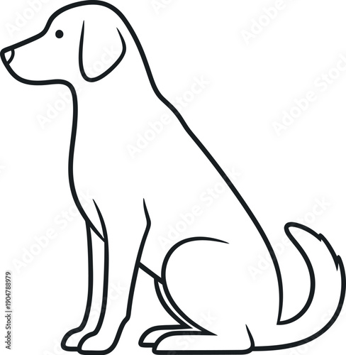 Simple black and white line art illustration depicting a classic Labrador retriever dog patiently sitting in profile against a clean isolated background perfect for tracing or coloring activities.
