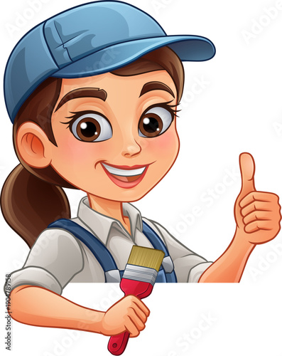 A woman female painter decorator holding a paintbrush tool builder construction cartoon character mascot.
