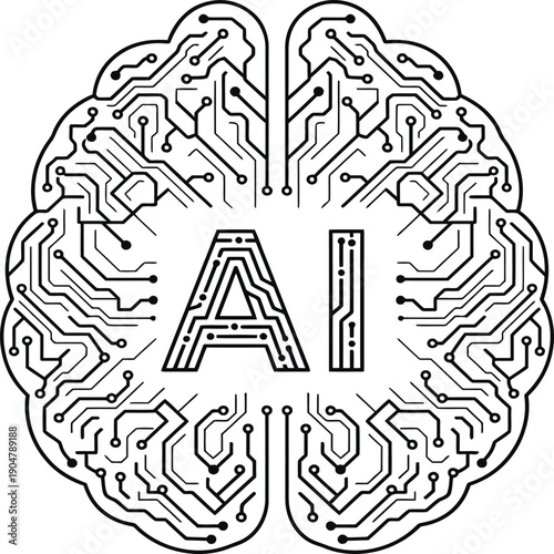 Artificial intelligence digital brain circuit board vector illustration showing advanced computing power