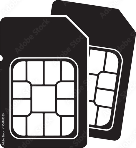 Two black and white SIM cards in a modern, minimalist graphic style, representing mobile technology and connectivity