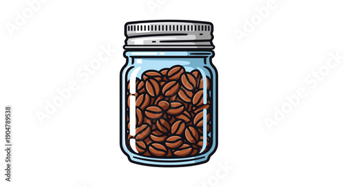 Glass jar transparently showcasing a collection of roasted coffee beans, sealed with a silver lid, suggesting freshness