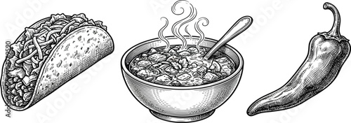Mexican food set collection featuring taco soup bowl and chili pepper in vintage woodcut engraving sketch style