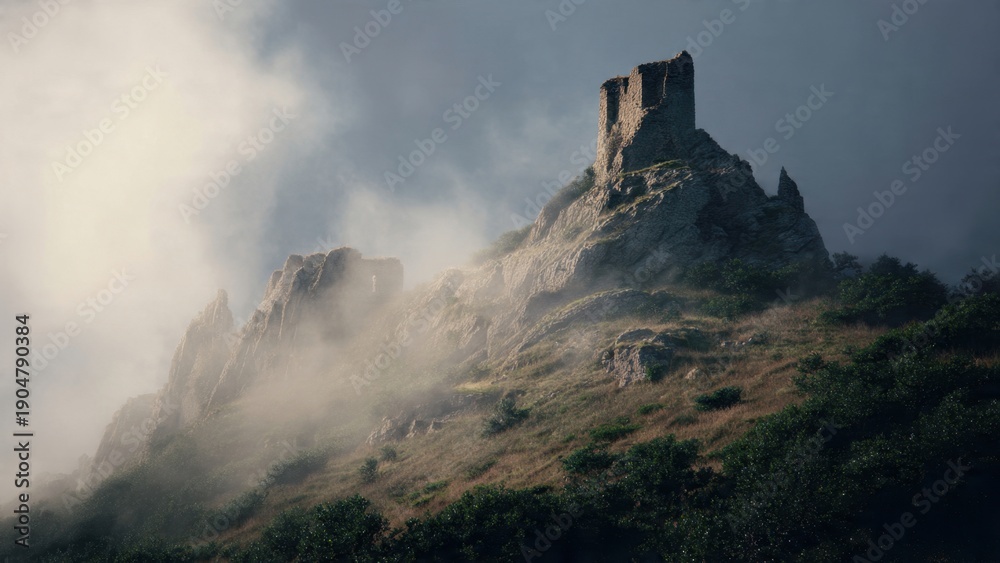 Obraz premium Castle ruins shrouded in mountain mist