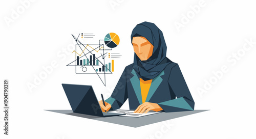 Professional Muslim woman in hijab analyzing business data and financial reports on laptop. Modern illustration of remote work and technology.