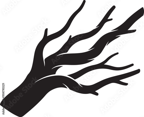 A black silhouette of a bare tree branch with multiple limbs extending outwards to the right on transparent background
